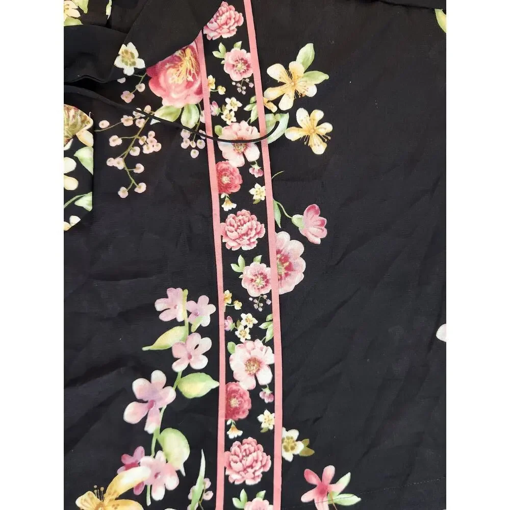 Oscar De La Renta Pink label black pink rose robe sz‎ L/XL kimono floral satin